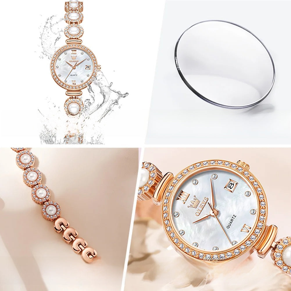 Women's Gold Pearl Bracelet Watch Quartz Date Elegant