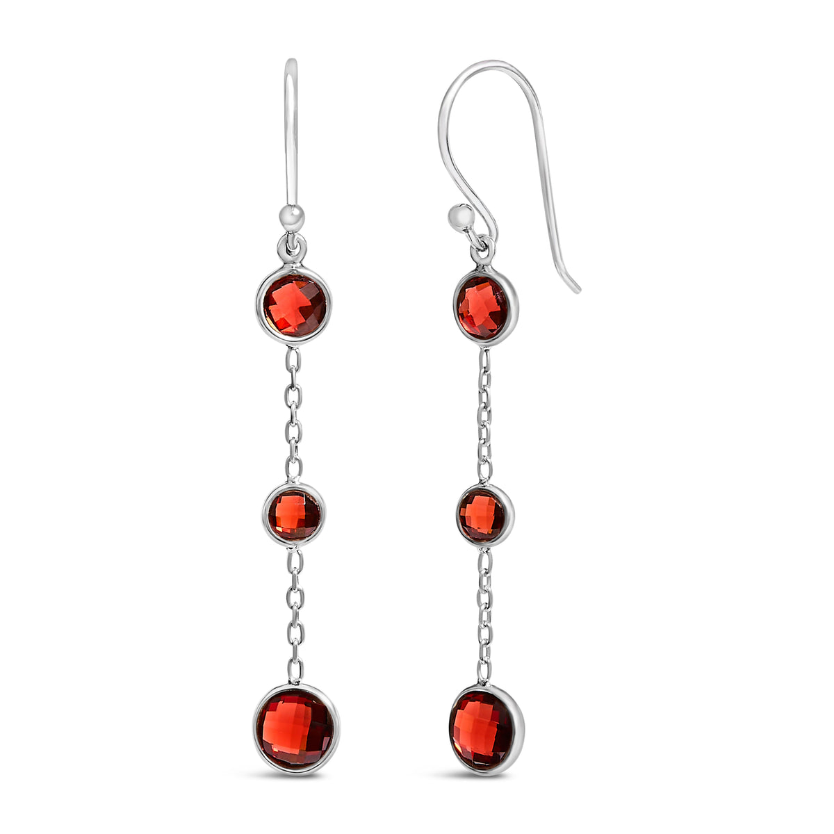 .925 Sterling Silver Graduating Bezel Set Red Garnet Dangle Earring
