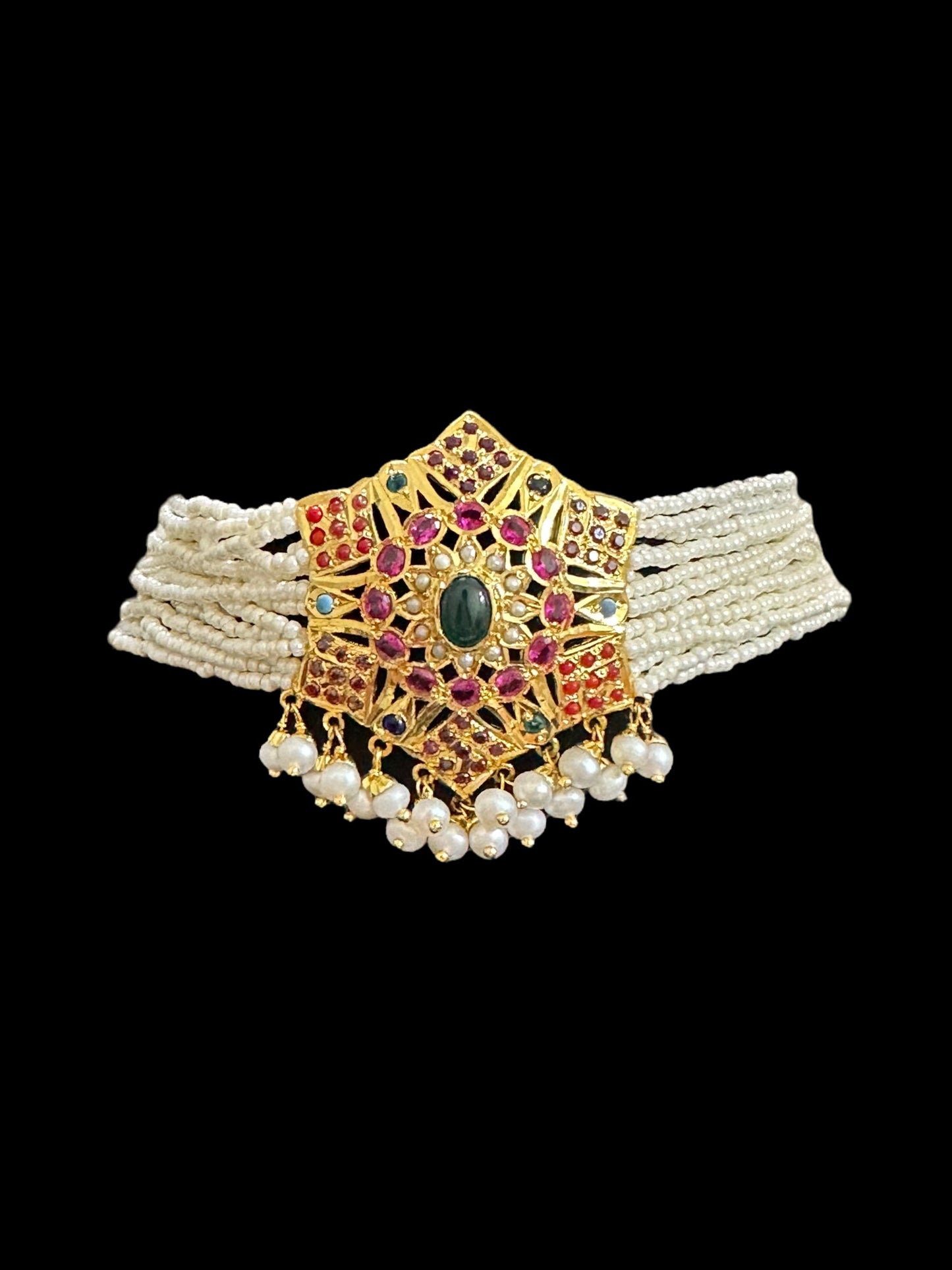 Gold plated silver choker set  in Navratan ( SHIPS IN 5 WEEKS )