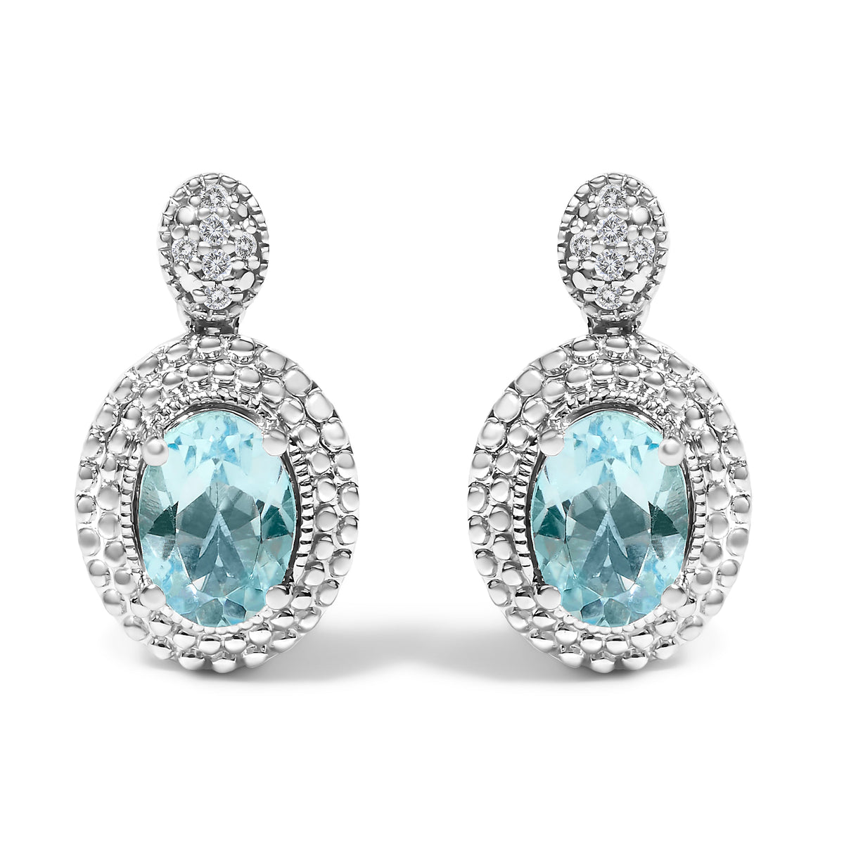 .925 Sterling Silver Diamond Accent and  Oval Blue Topaz with Beaded Halo Drop Stud Earrings (I-J color, I1-I2 Clarity)