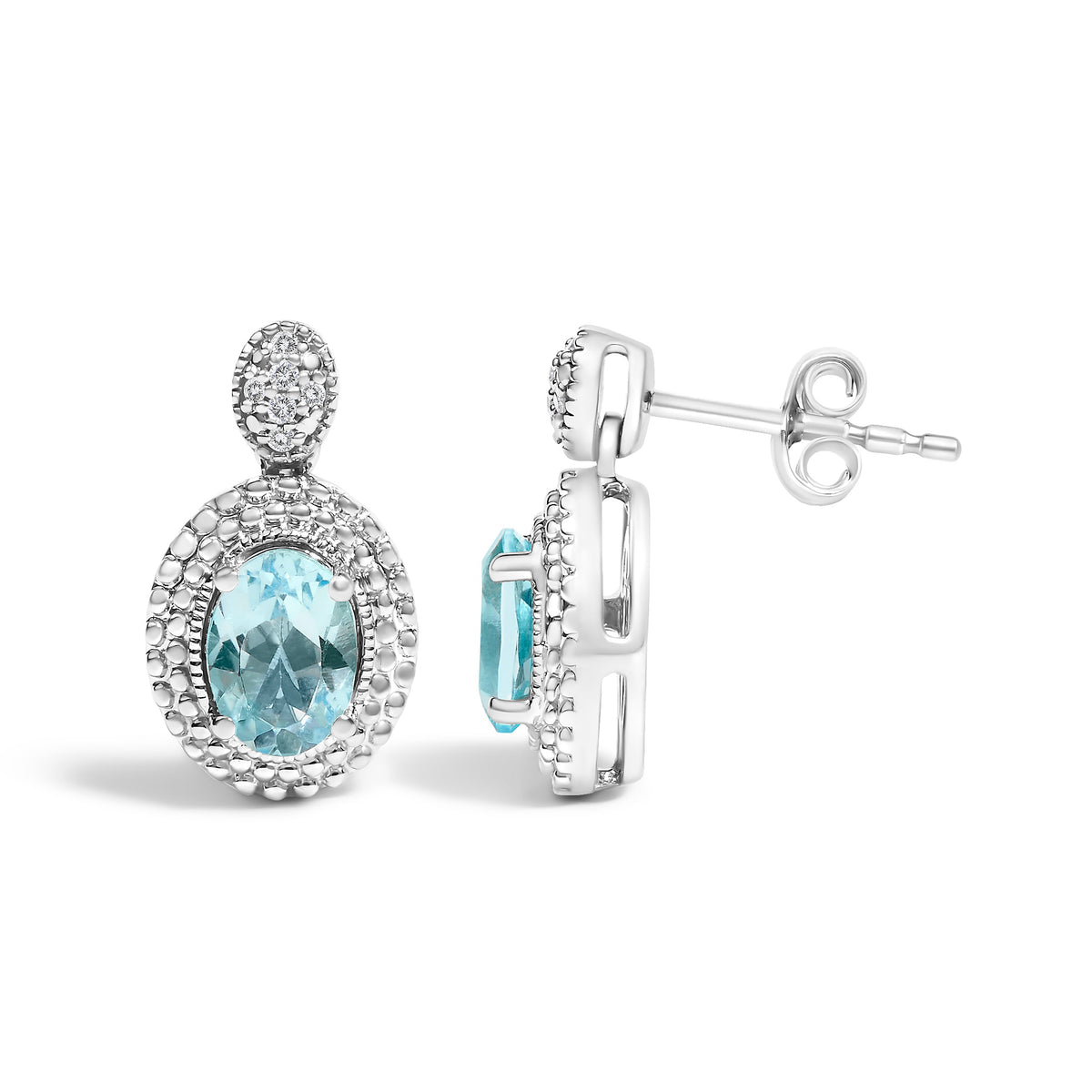 .925 Sterling Silver Diamond Accent and  Oval Blue Topaz with Beaded Halo Drop Stud Earrings (I-J color, I1-I2 Clarity)