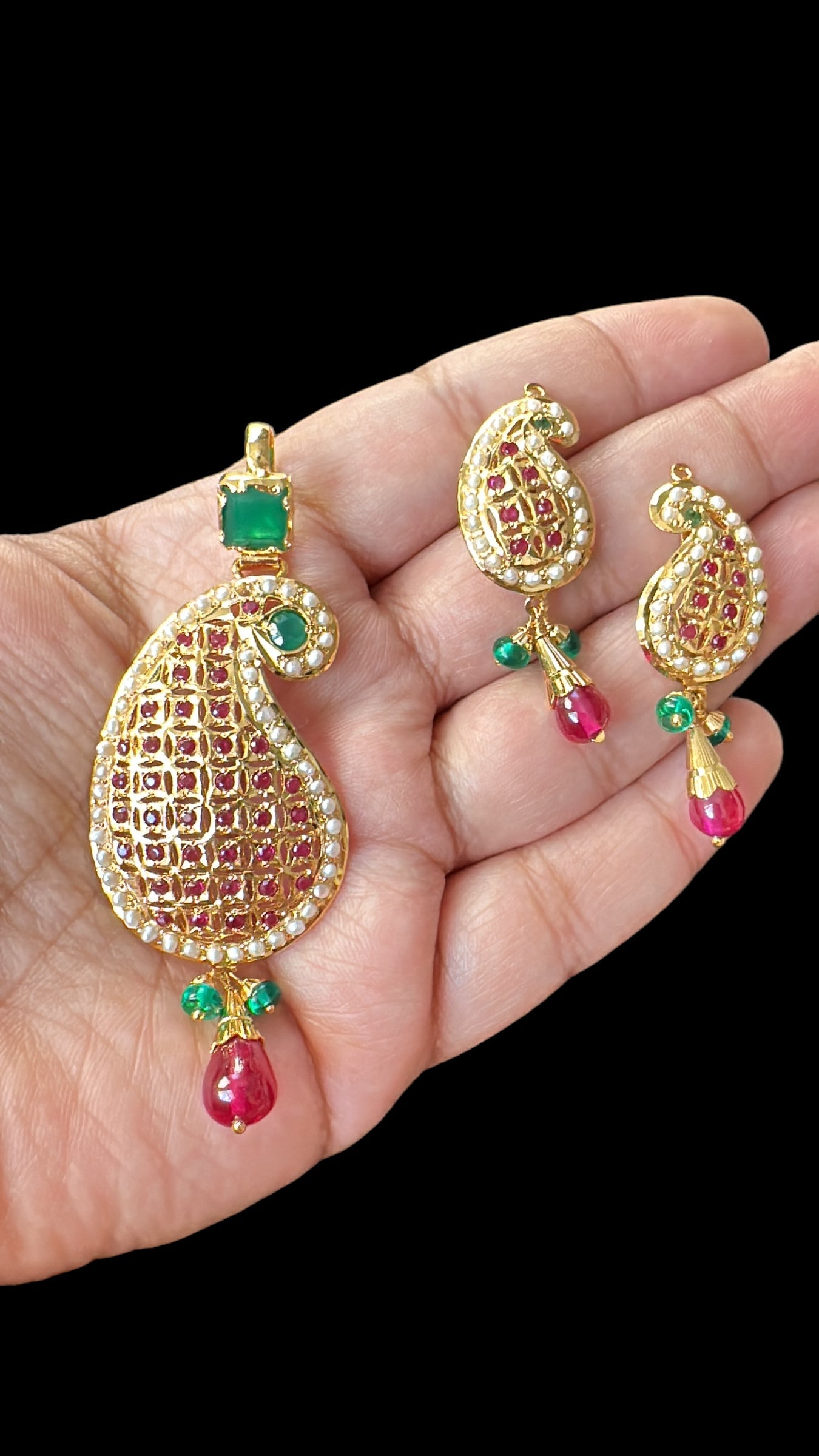 Gold‑Plated Jadau Silver Pendant Set in Ruby & Emeralds 
 ( SHIPS IN 5 WEEKS )
