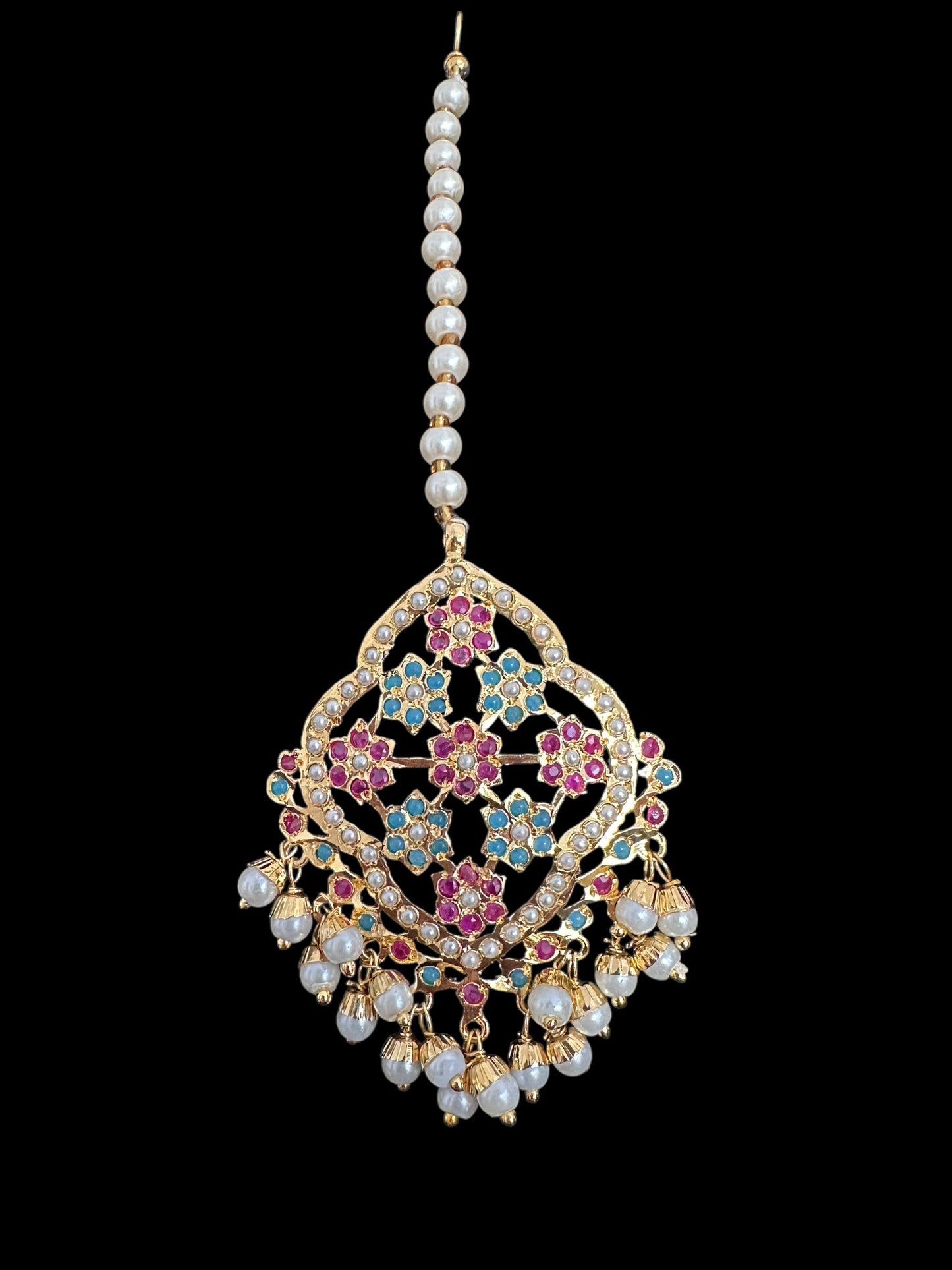 DJET93 Mehru Jadau chandbali earrings tika in ruby turquoise and pearls ( READY TO SHIP )