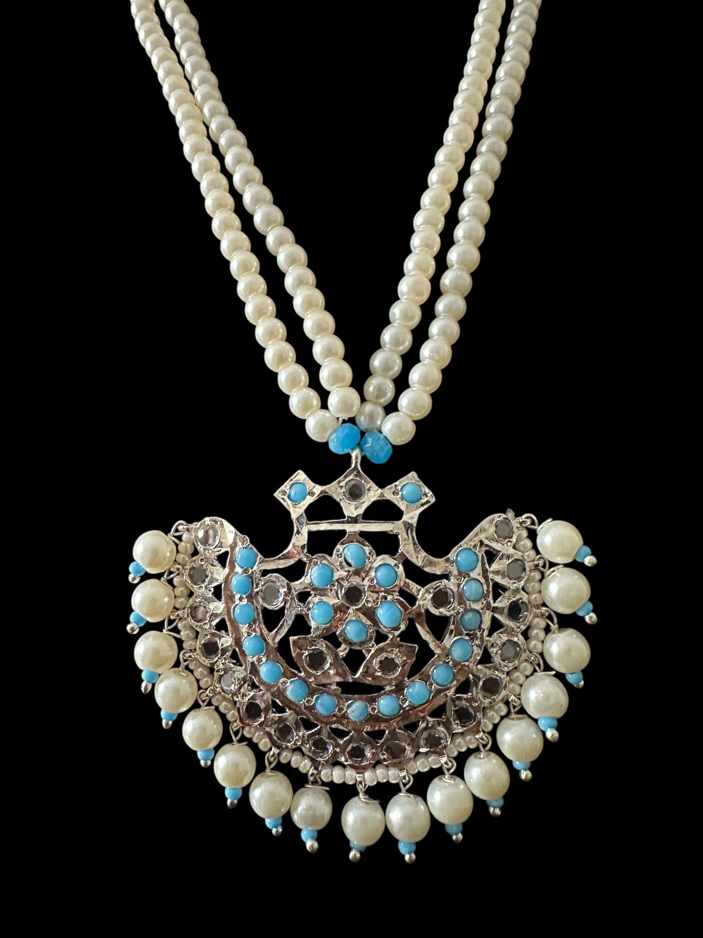 Turquoise / feroza hyderabadi silver plated pendant set with pearls ( READY TO SHIP  )