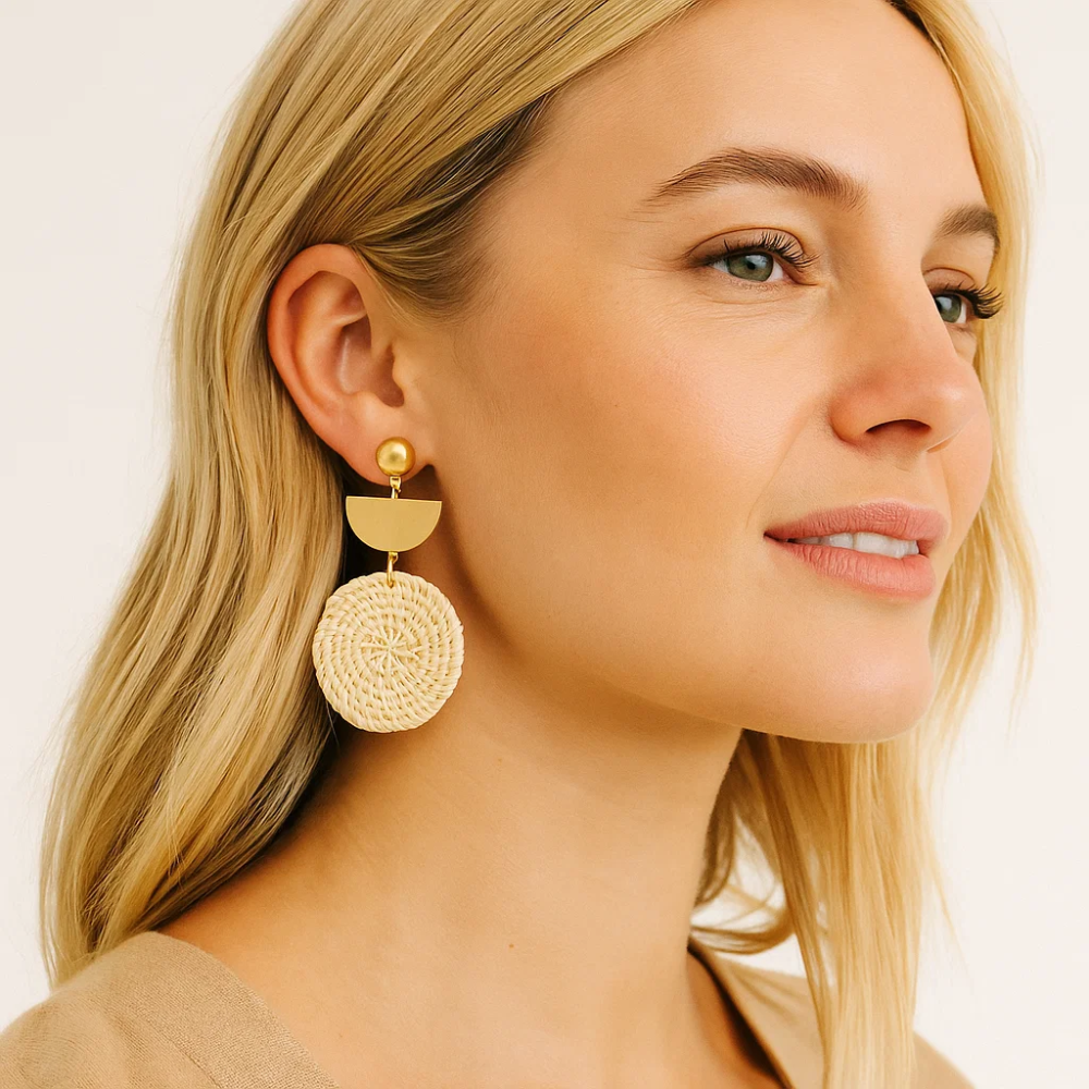 Rattan Earrings Organic Wooden Straw Weave