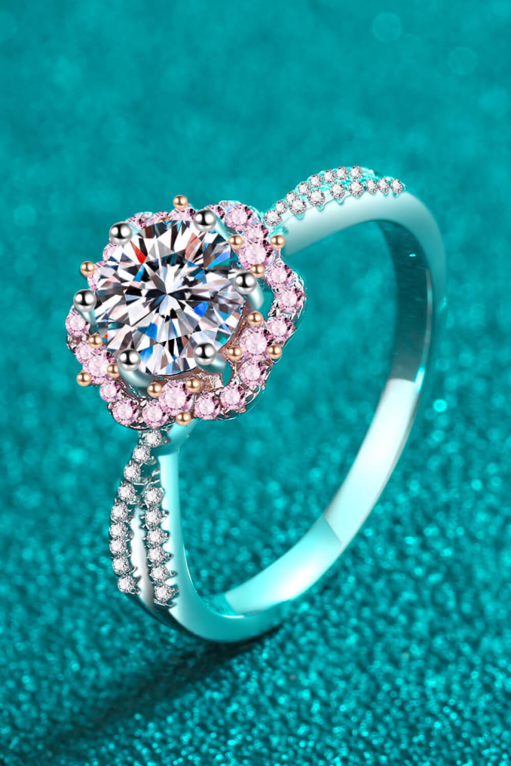 1 Carat Pink Brilliant Round Cut Sparkala™ Flower-Shaped Crisscross 925 sterling silver Ring