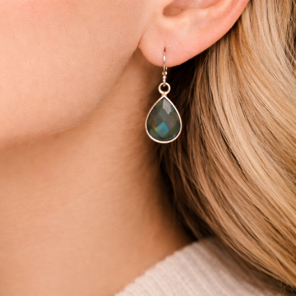 Dainty Labradorite Drop Earrings – Sterling Silver – Faceted Teardrop Gemstone – Minimal Everyday Jewelry