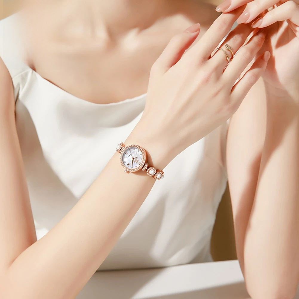 Women's Gold Pearl Bracelet Watch Quartz Date Elegant