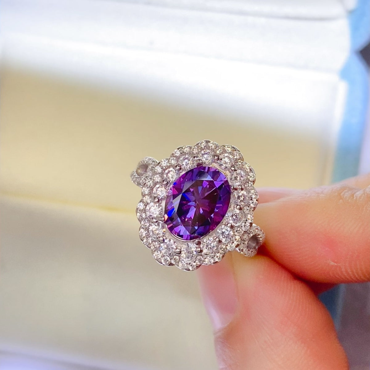 2 Carat Purple Oval-Cut Purple Oval-Cut Sparkala™ Pure Sterling Silver Halo Ring