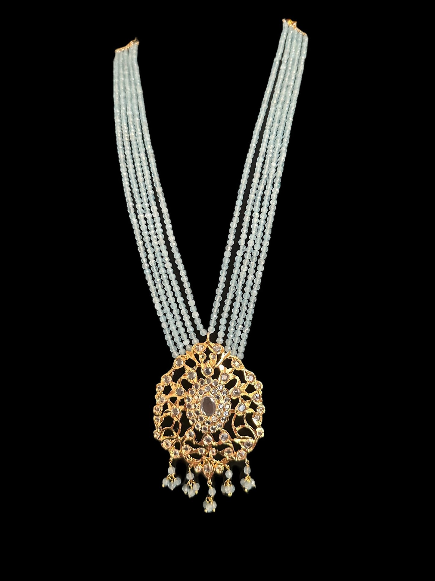 DLN123 Himah long necklace with earrings in real aquamarine beads ( SHIPS IN 2 WEEKS )