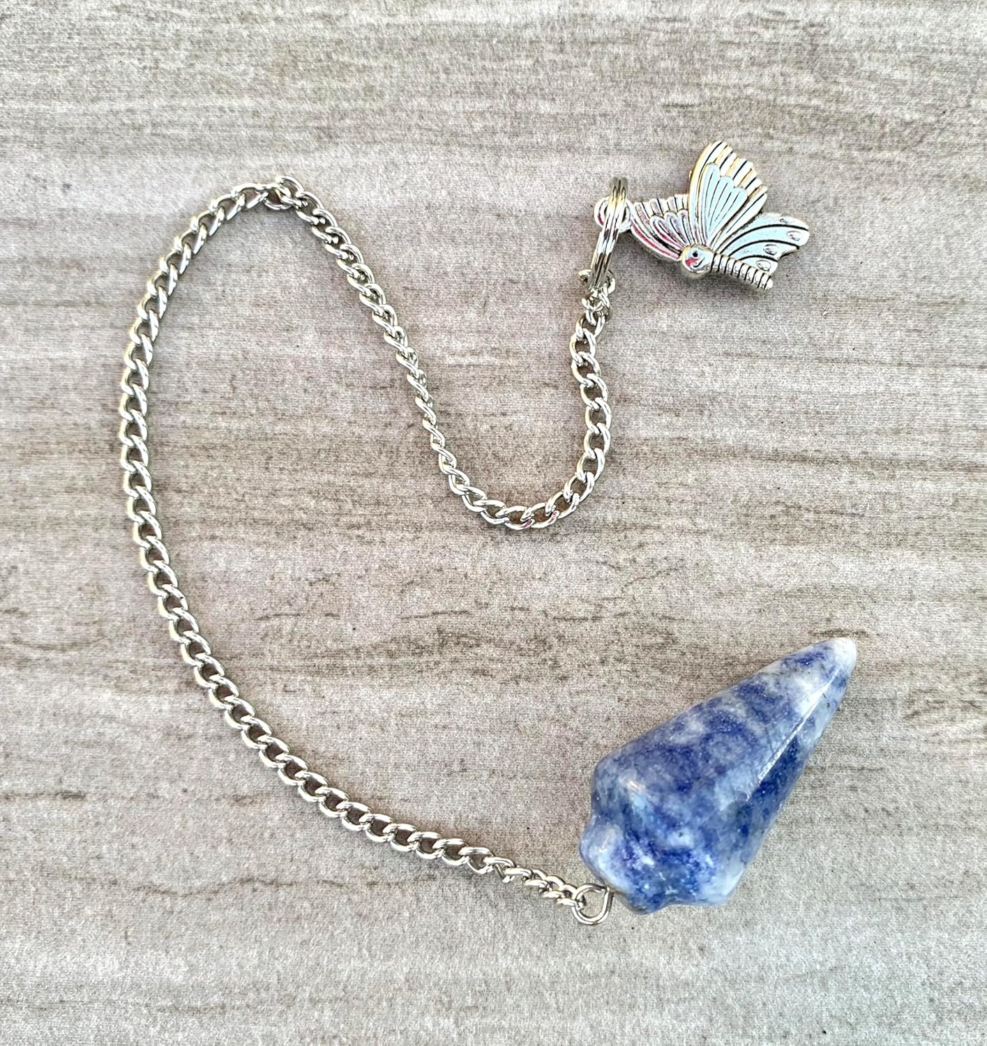 Natural Gemstone Smooth Conical Crystal Pendulum with Charm, Nickle Free Chain, Reiki Meditation Dowsing Tool (Sodalite)