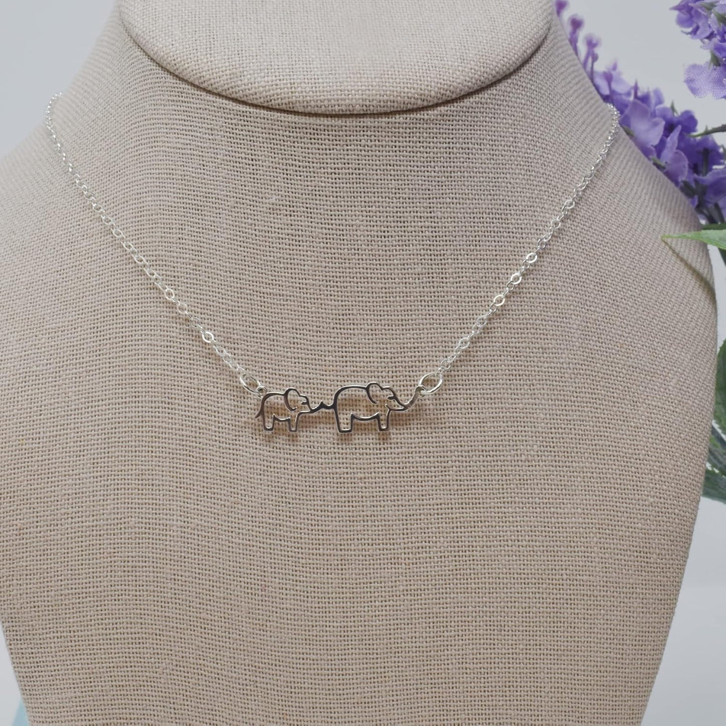 Mom and Baby Elephant Necklace – Sterling Silver Outline Charm on 18" Chain