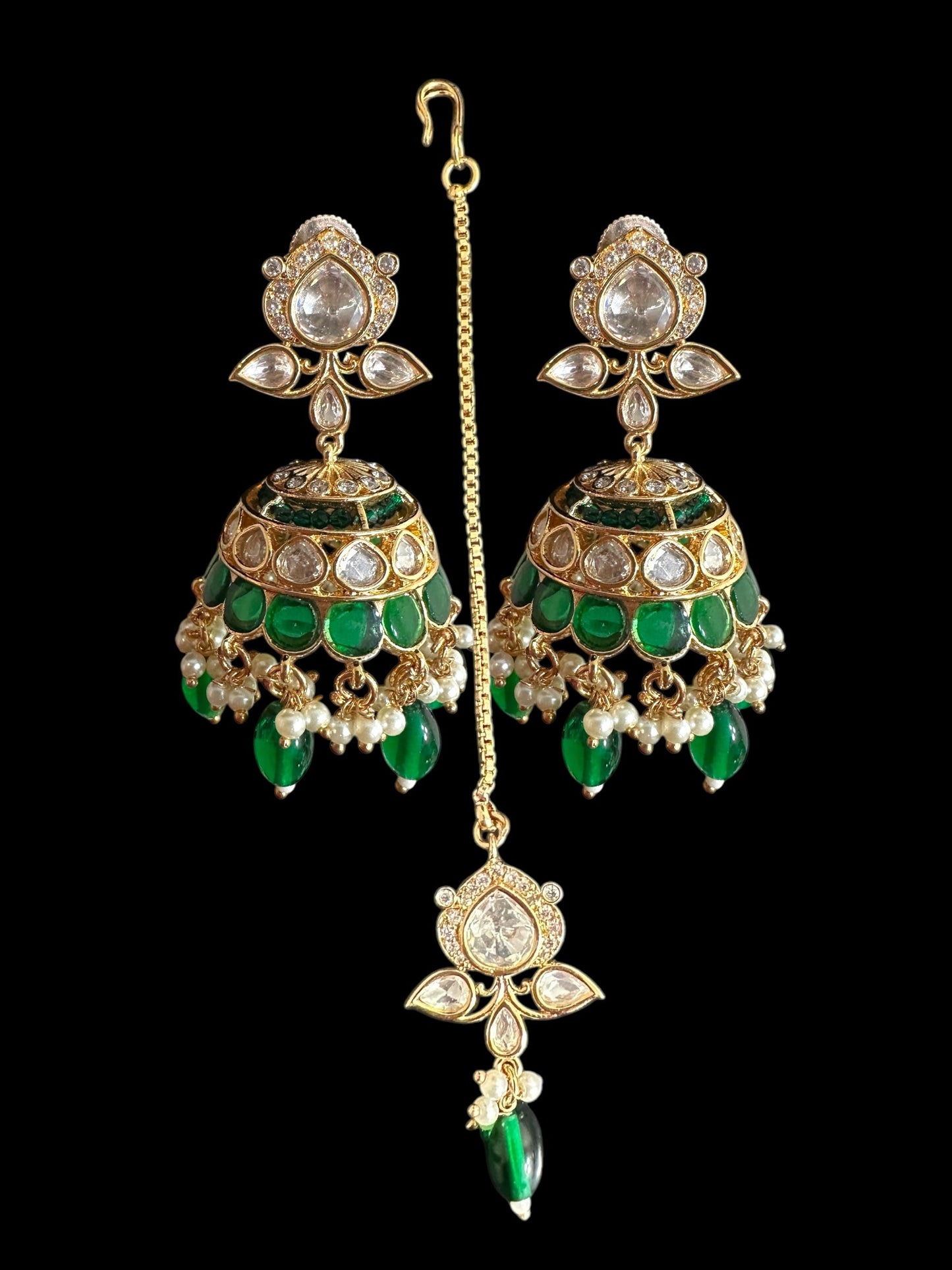 DJET70 Savera Polki jhumka and tika set in green ( READY TO SHIP )