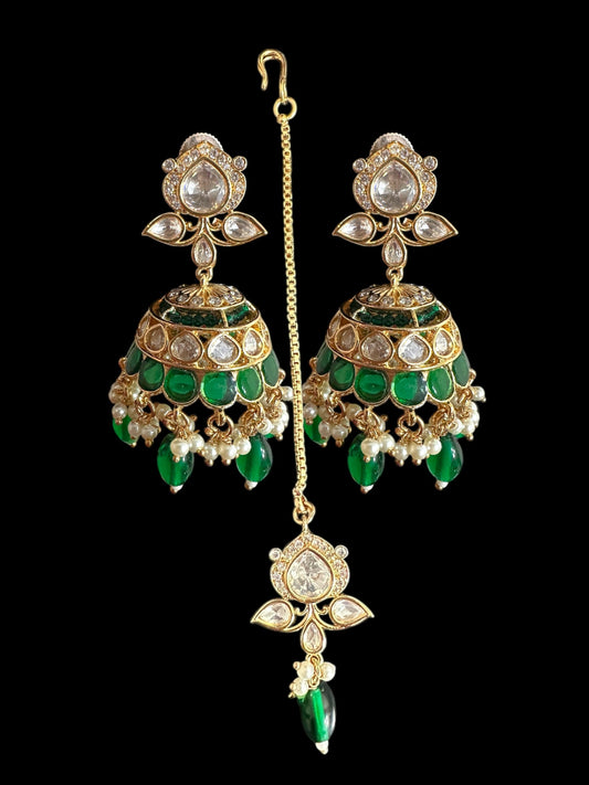 DJET70 Savera Polki jhumka and tika set in green ( READY TO SHIP )