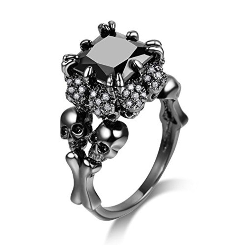 Alloy Inlaid Square Gemstone Black Skull Rings