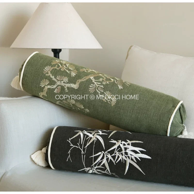 Luxury Bamboo Embroidery Cylindrical Bolster Cover (16×57cm) – Chinoiserie Neck Roll & Daybed Cushion Case