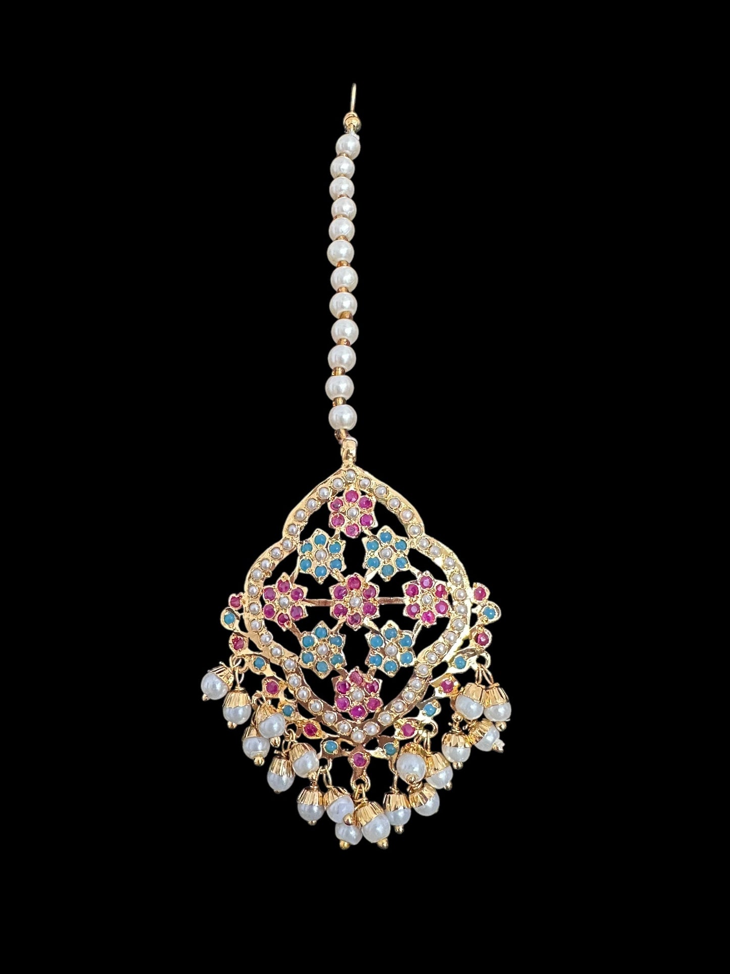 DJET93 Mehru Jadau chandbali earrings tika in ruby turquoise and pearls ( READY TO SHIP )