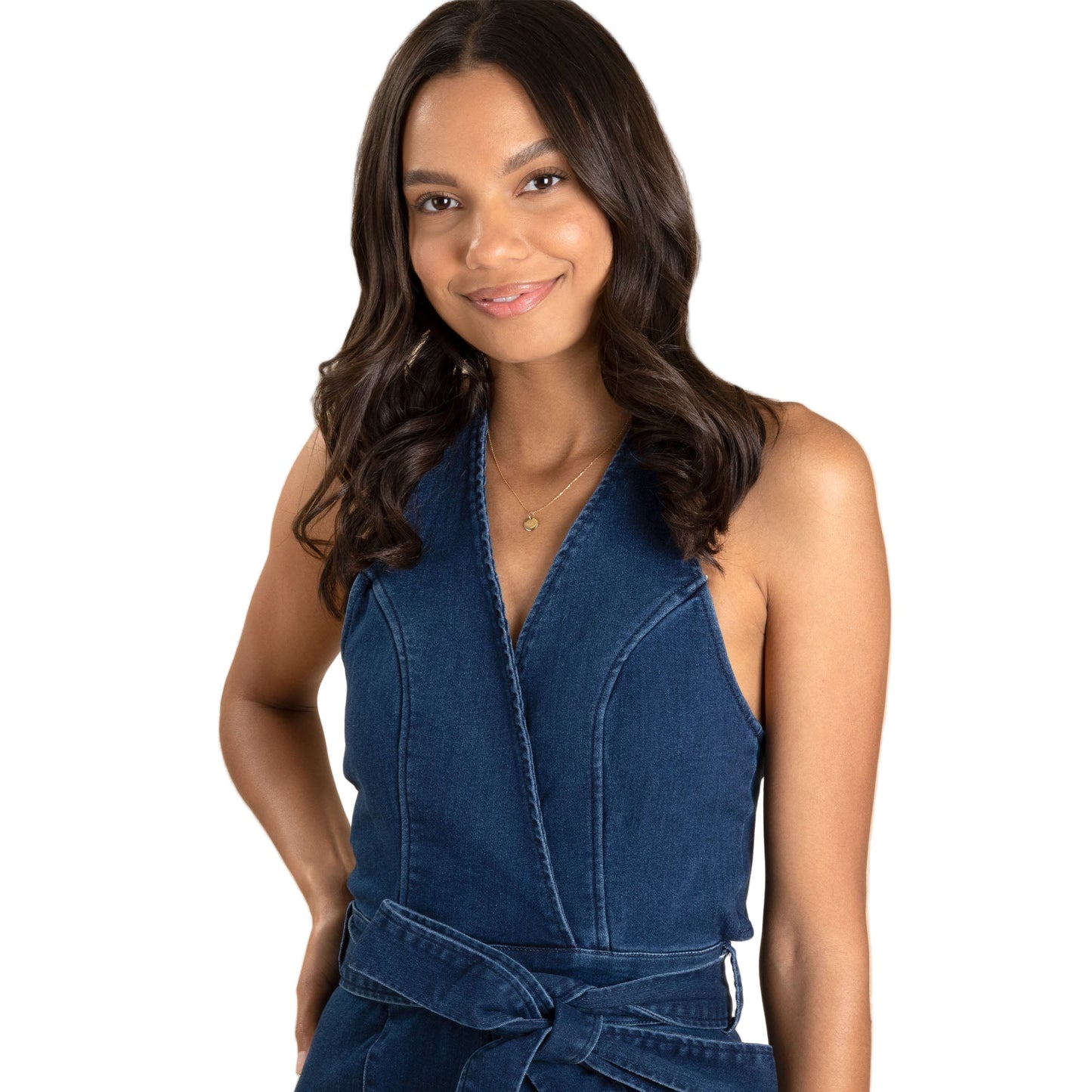 V-Neck Halter Dark Denim Jumpsuit