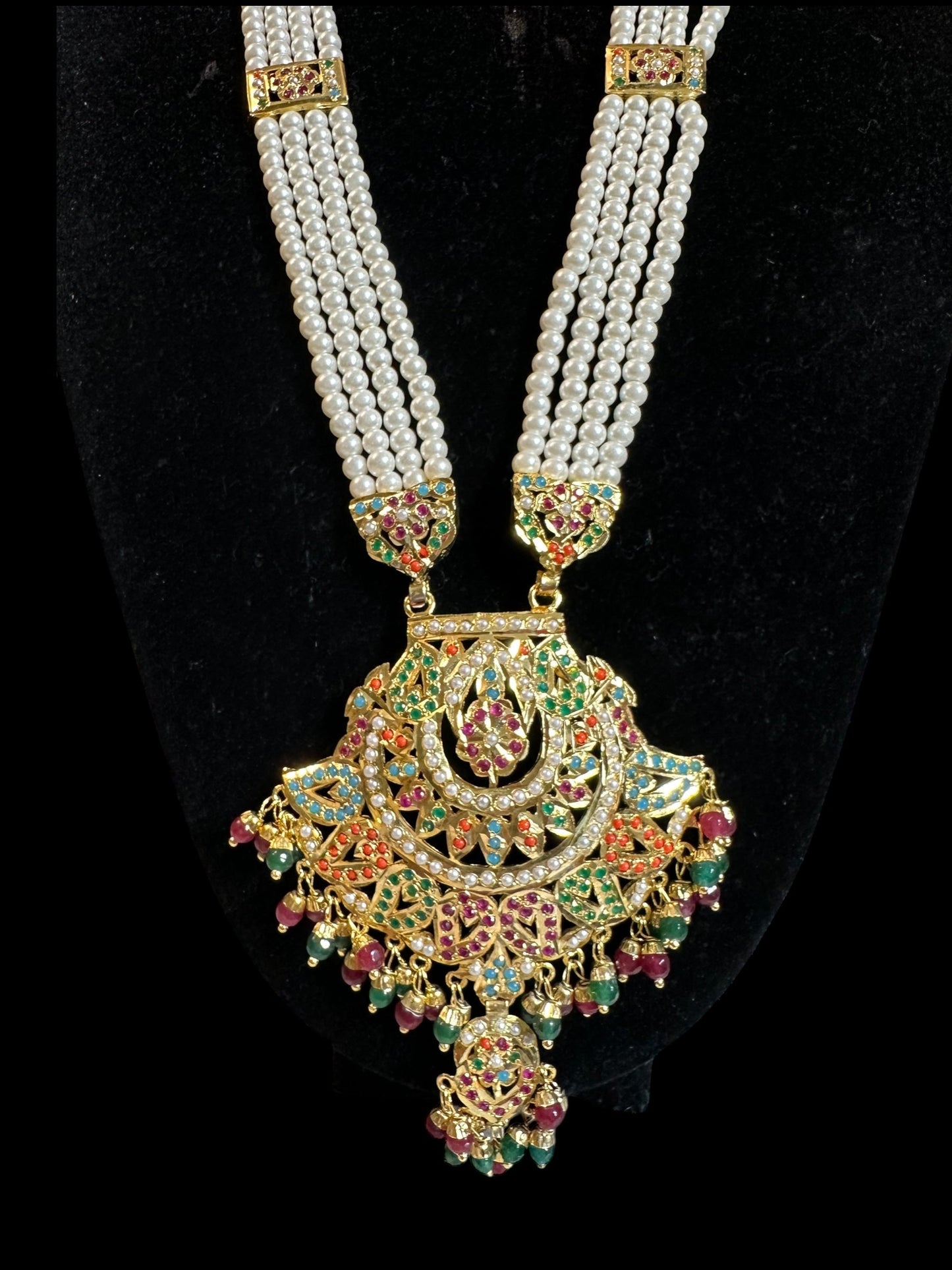 DLN91 jadau rani haar in navratan with pearls  ( READY TO SHIP )