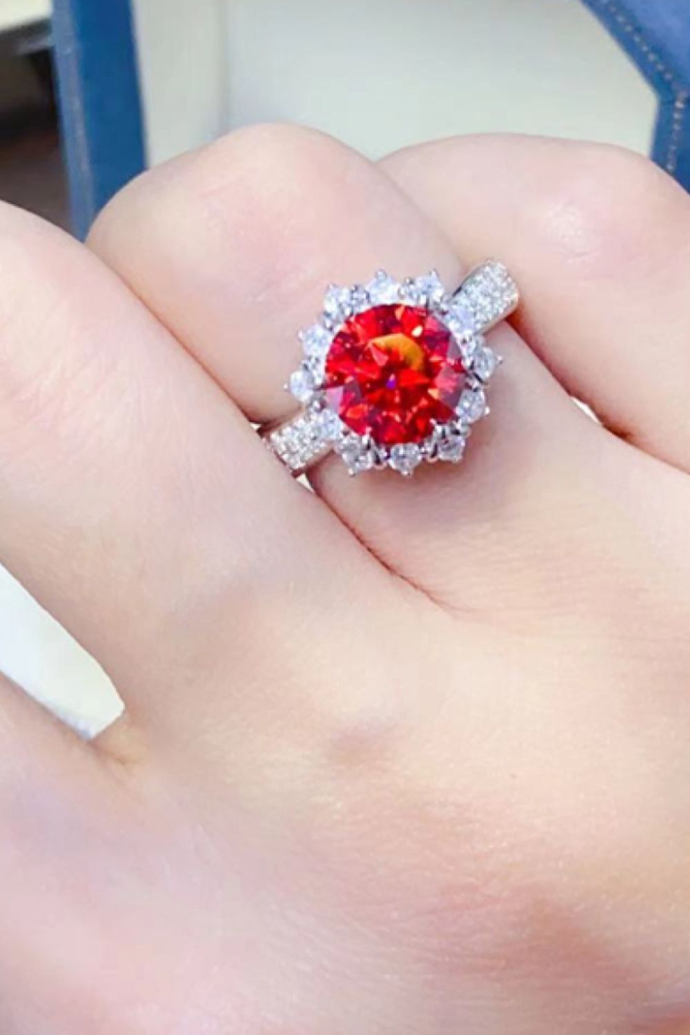 2 Carat Red Brilliant Round Cut Sparkala™ Platinum Over Pure Sterling Silver Halo Ring