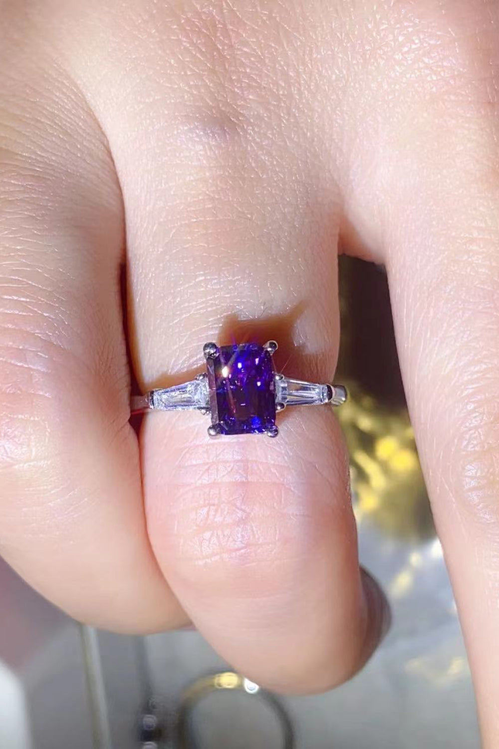 1 Carat Purple Emerald-Cut Sparkala™ Platinum-Plated Rectangle Ring in Purple