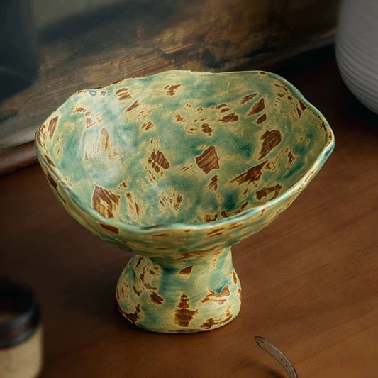 Vintage Wabi-Sabi Irregular Ceramic Pedestal Fruit Bowl – Rough Pottery Display Tray