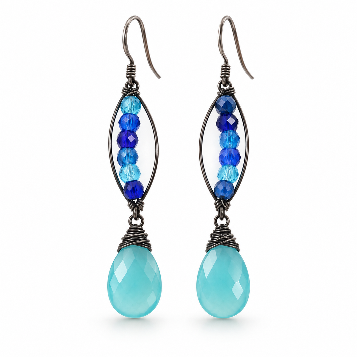 Blue Chalcedony & Czech Glass Oxidized Sterling Silver Earrings