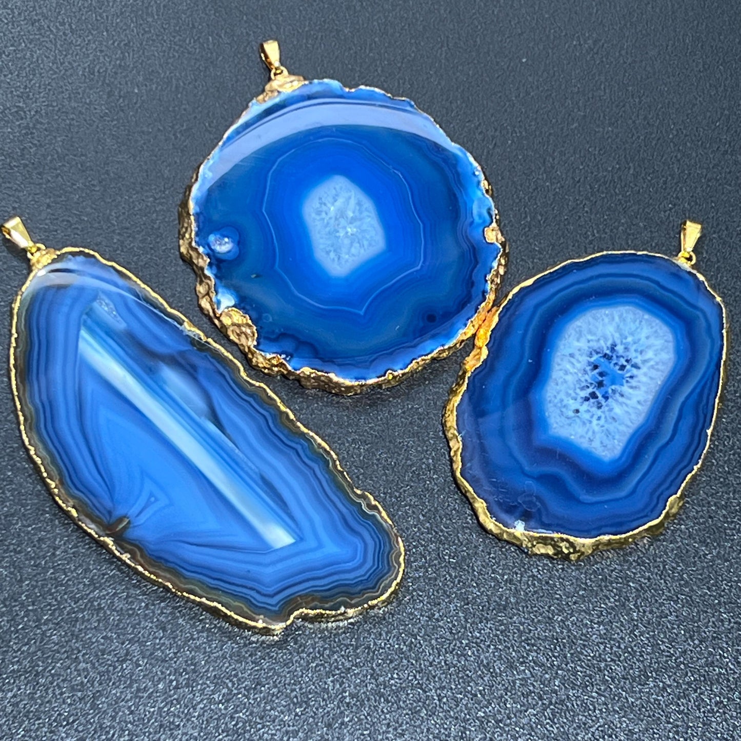 Large Blue Agate Slice Pendant (Gold Plated Edges)