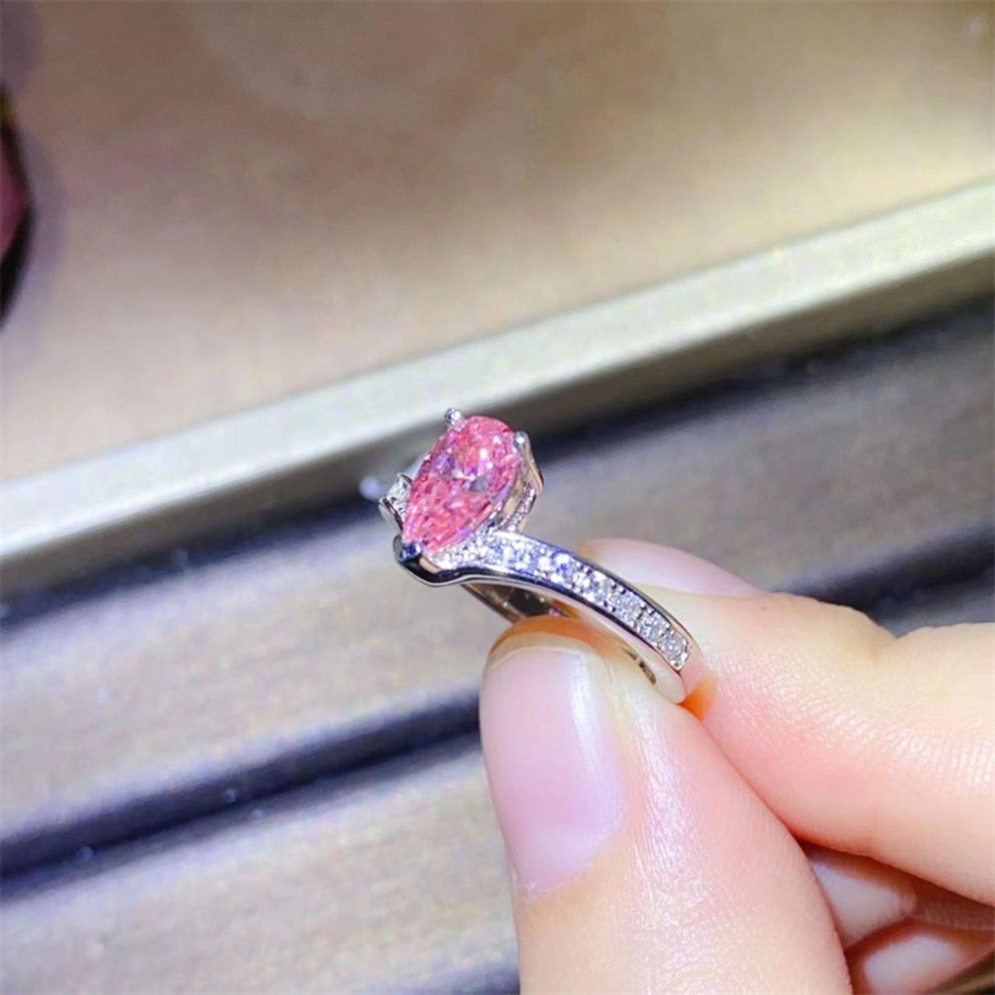 1 Carat Pear-Cut Pink Sparkala™ Platinum Over Pure Sterling Silver Ring