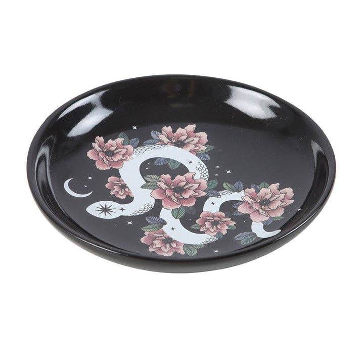 Snake & Flower Celestial Trinket Dish - Mystical White Serpent & Pink Flower Jewelry Holder, Gothic Home Decor & Witchy Accessories