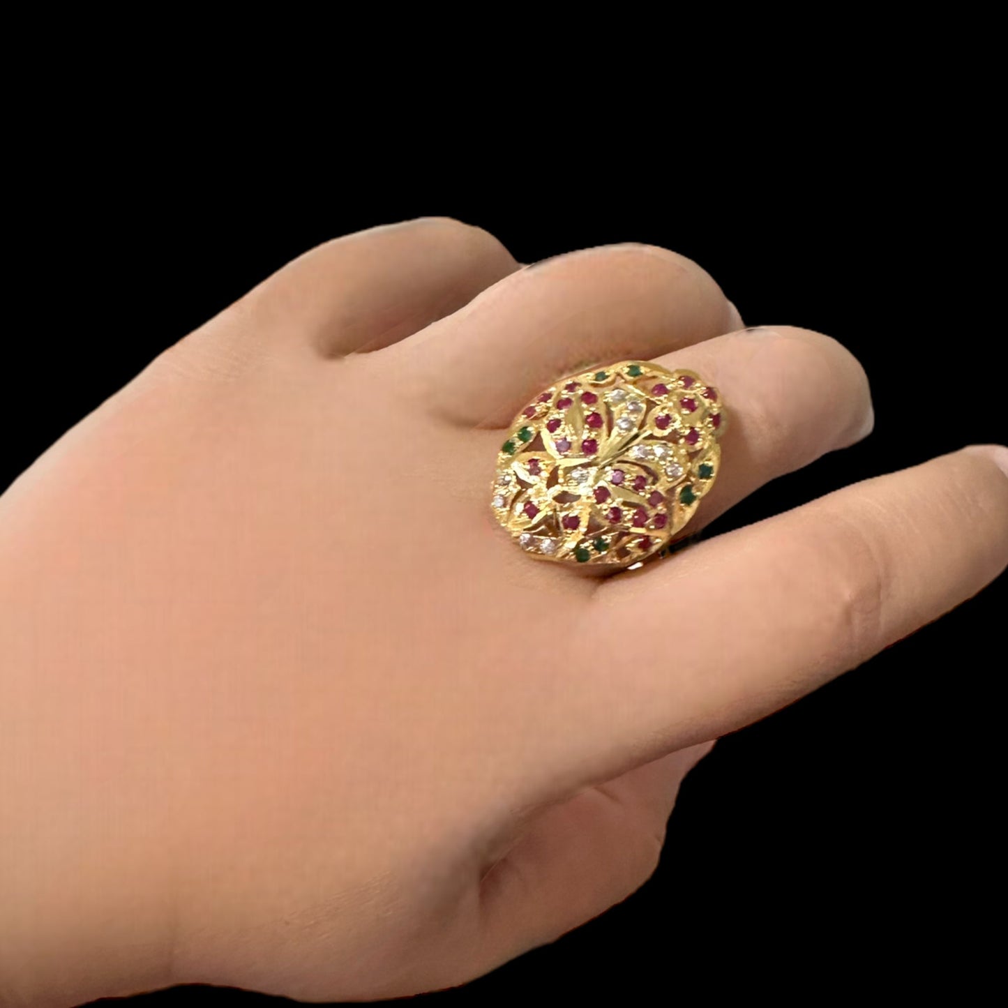 Gold plated silver ring in ruby emerald and zircon    ( READY TO SHIP )