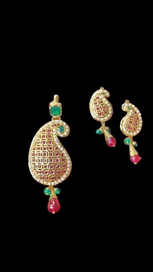 Gold‑Plated Jadau Silver Pendant Set in Ruby & Emeralds 
 ( SHIPS IN 5 WEEKS )