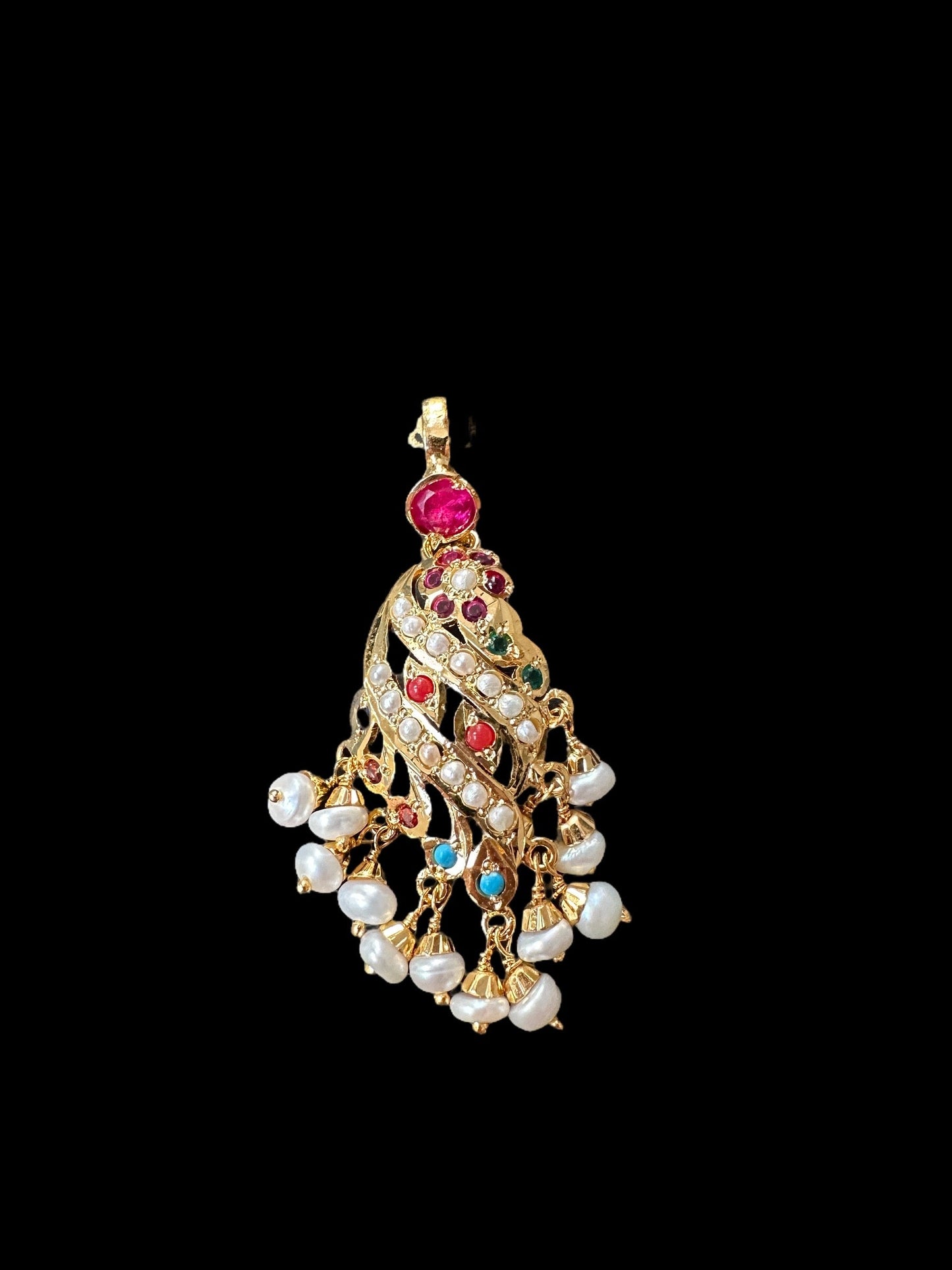 Gold plated jadau silver pendant set in navratan   ( SHIPS IN 5 WEEKS )