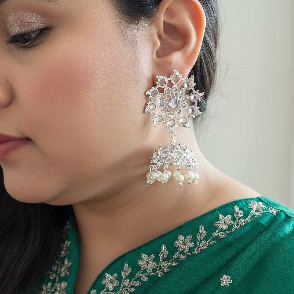 DER549 karanphool jhumka - large size silver plated  ( READY TO SHIP )