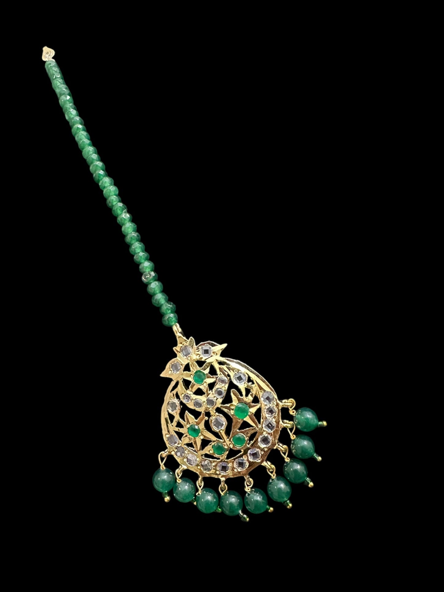 JTK7 Abira jhoomar and tika in green beads  ( READY TO SHIP  )