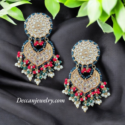 DER639  Sapphire ruby emerald thapa kundan earrings ( READY TO SHIP )