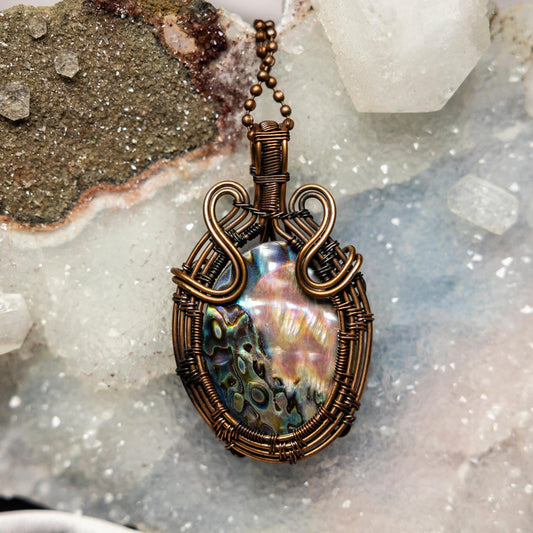 Abalone Shell Crystal Wire Wrapped Pendant in Copper