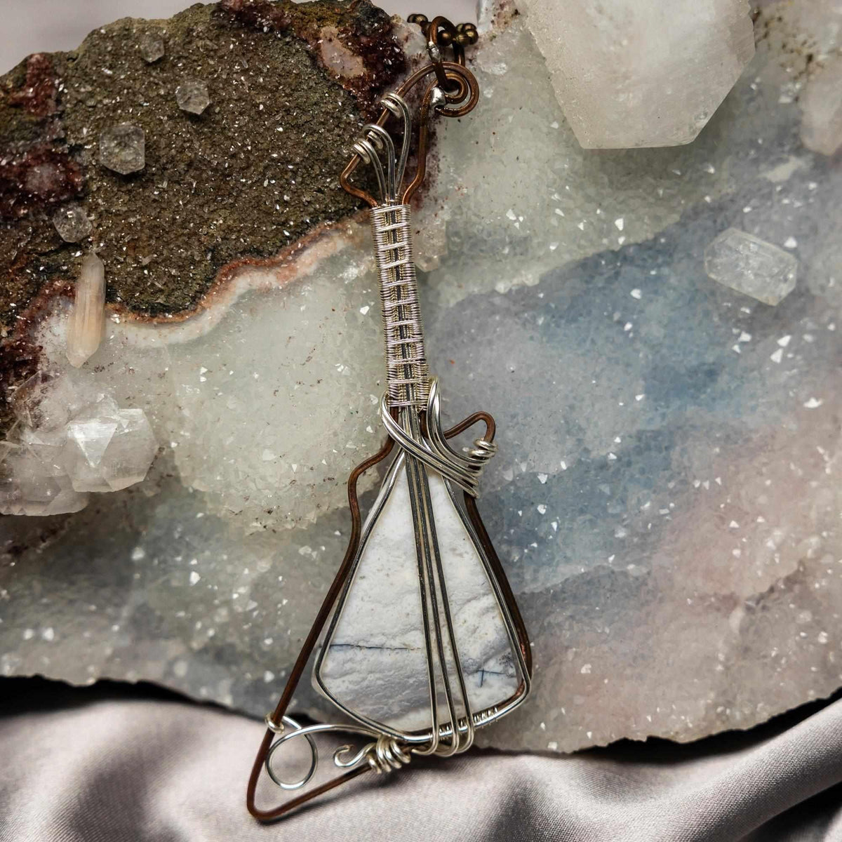 Agate Crystal Wire Wrapped Modern Guitar Pendant in Copper