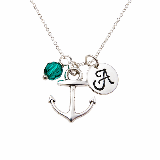 Personalized Anchor Necklace – Sterling Silver Charm with Birthstone & Initial