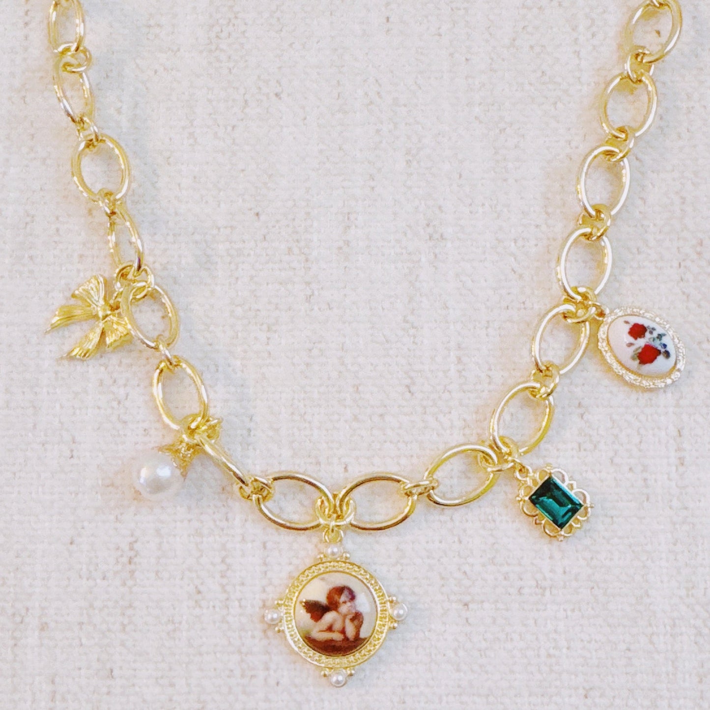 Angel & Rose Charm Necklace – Bold Gold Chain with Whimsical Vintage-Inspired Accents