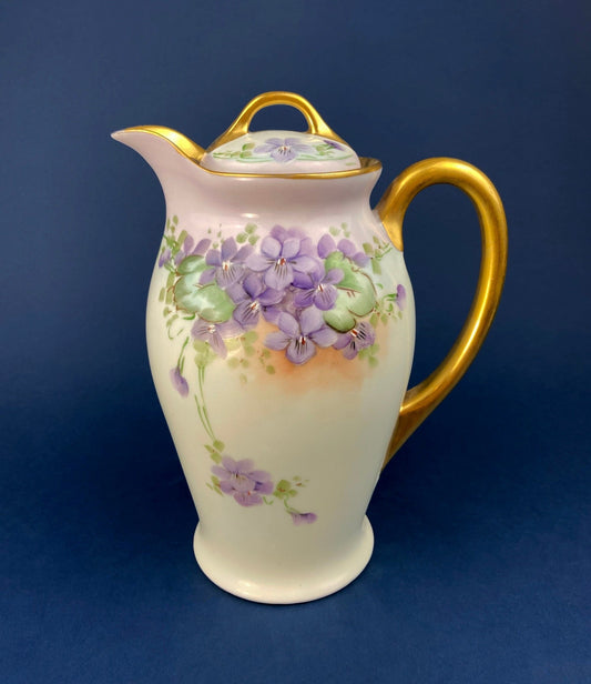 Antique Bavarian Coffee Pot. UNO Favorite, European Porcelain with Hand-Painted Violets. Fine Collectible China.
