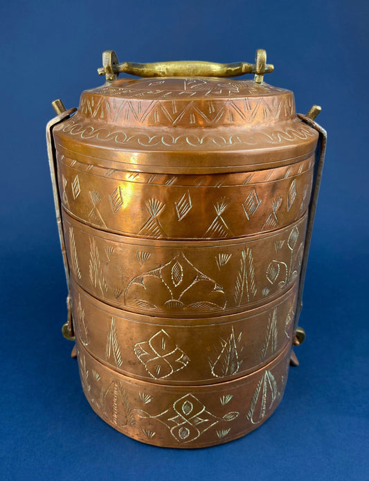 Antique 19th-century Copper and Brass Turkish 4 Stacking Bowls Lunch Box with Handle. Vintage Gifts.