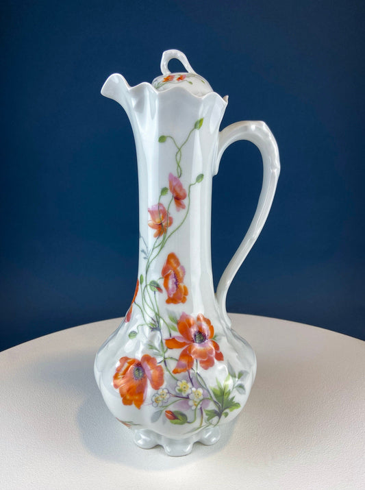 Antique Limoges Coffee Pot or TeaPot. Tall 12-Inch Stunning Vase. Hand-Painted Red Poppies. Beautiful Silhouette. Bohemian Chic.