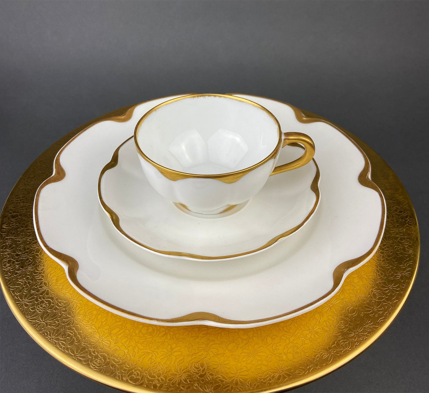 Antique Limoges Porcelain Tea Set/Trio. Tea Cup, Saucer and Salad Plate. White China with Scalloped Gold Rim, Theodore Haviland, France.