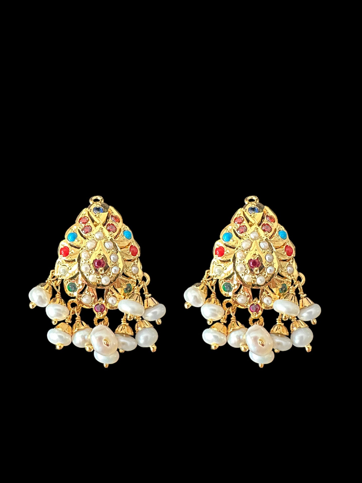 Navratan Gold-Plated Silver Pendant Set with Freshwater Pearls ( READY TO SHIP )