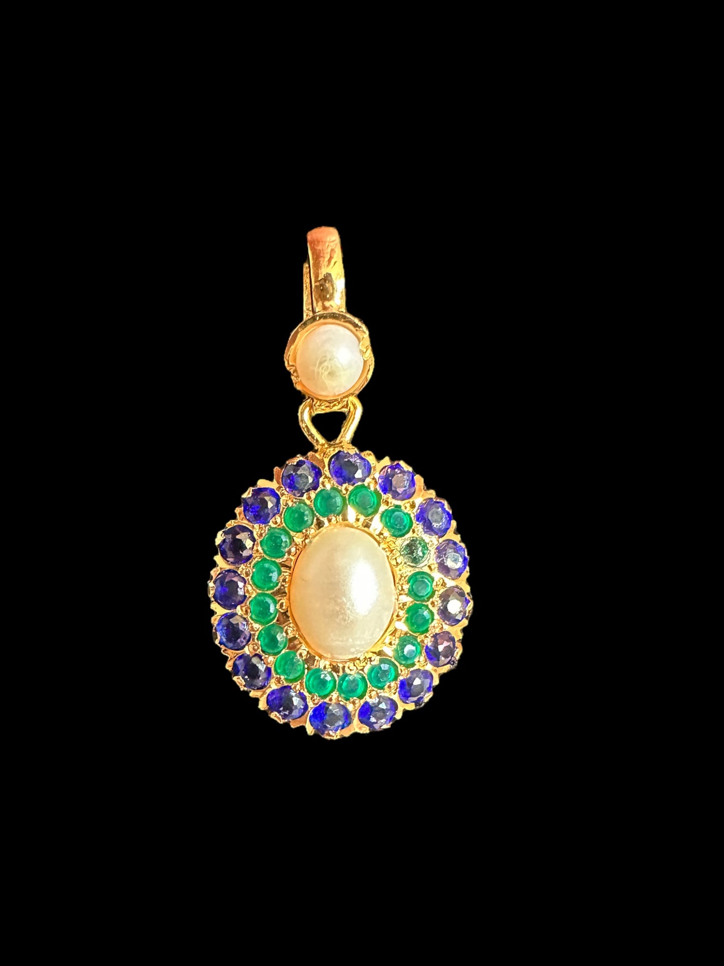 Gold plated jadau silver pendant set in emerald sapphire  ( SHIPS IN 5 WEEKS )