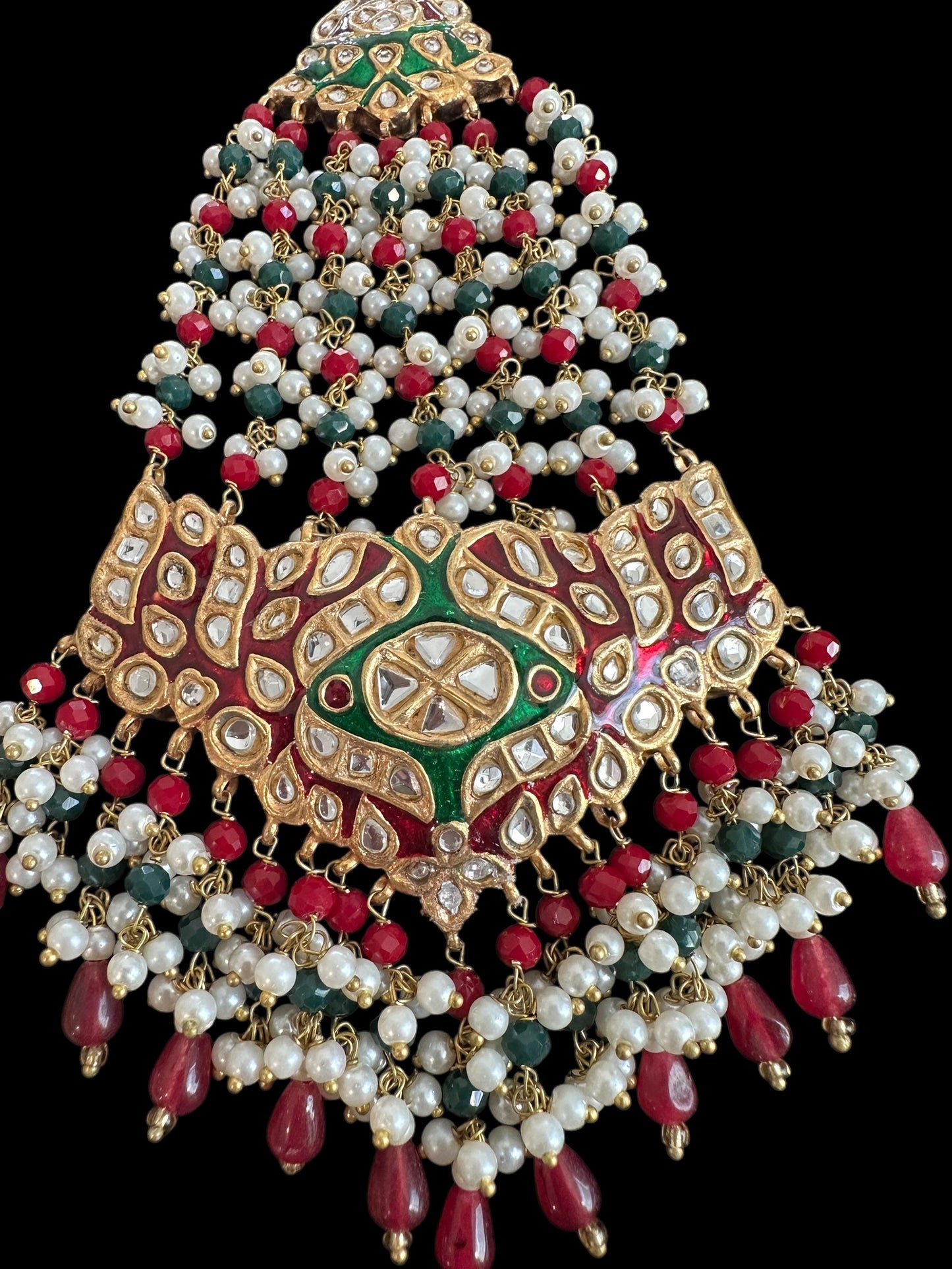 JTK36 kundan jhoomar tika in red and green meenakari  ( READY TO SHIP )