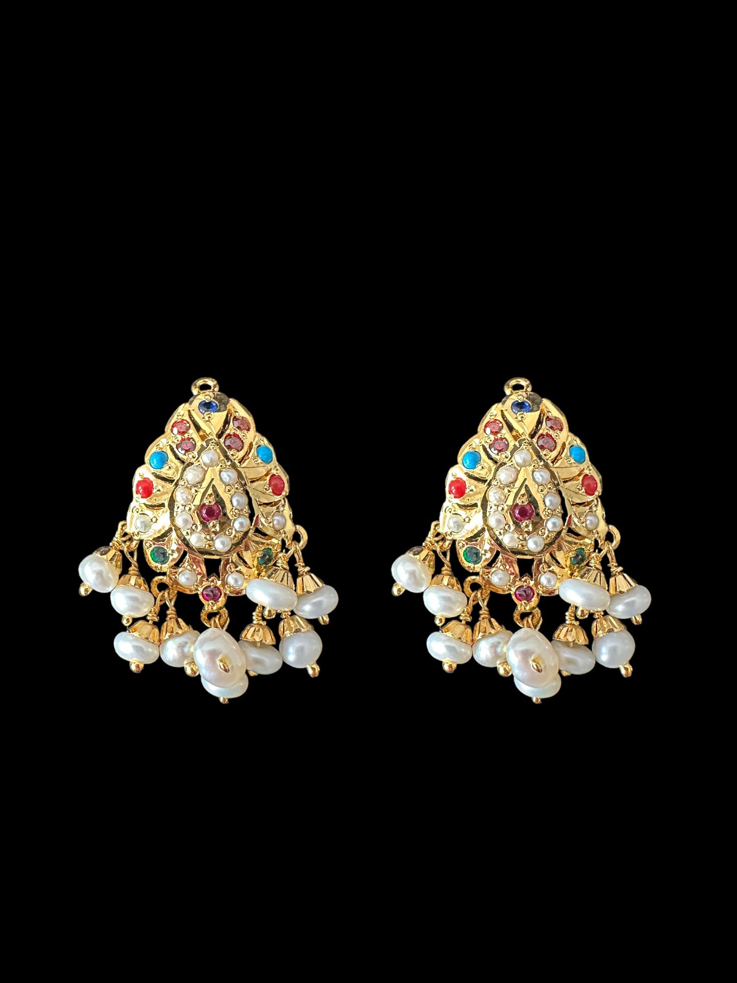 Navratan Gold-Plated Silver Pendant Set with Freshwater Pearls ( READY TO SHIP )