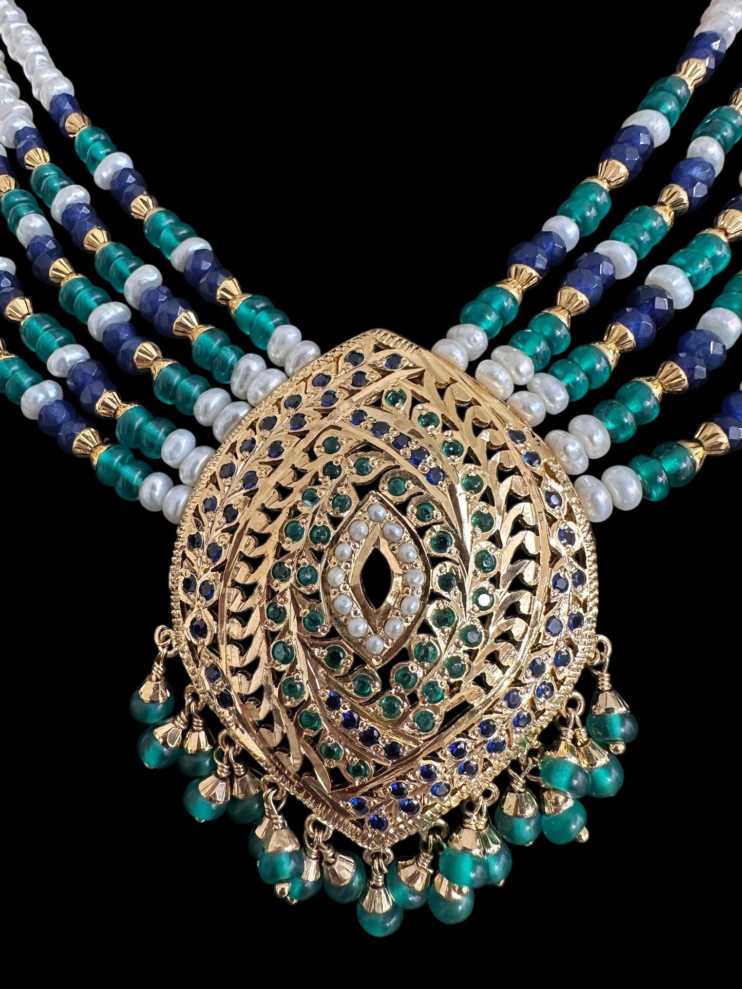 Emerald sapphire pearl jadau silver necklace set with gold plating ( READY TO SHIP )