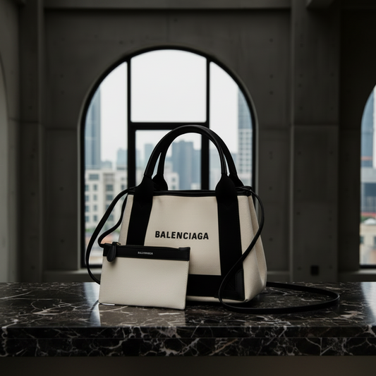 PRE-OWNED Balenciaga Navy Cabas XS · Canvas & Leather